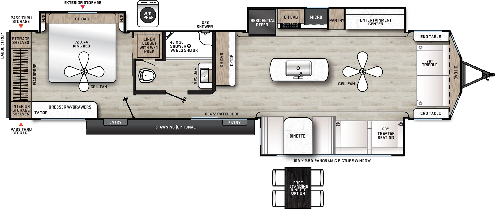 The Catalina Destination Series 39MKTS floorplan has two entries and three slide outs. Exterior features include: metal exterior and 15' awning. Interiors features include: kitchen island, free-standing dinette option, rear bedroom and front living.